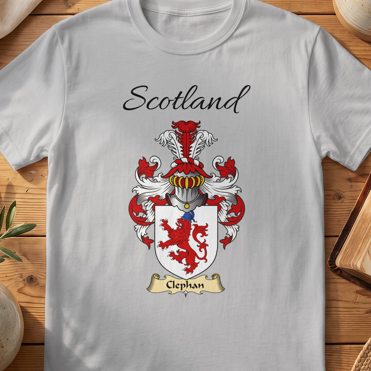 Sport Grey Clephan Scottish family shield T-shirt featuring a red lion on a white shield