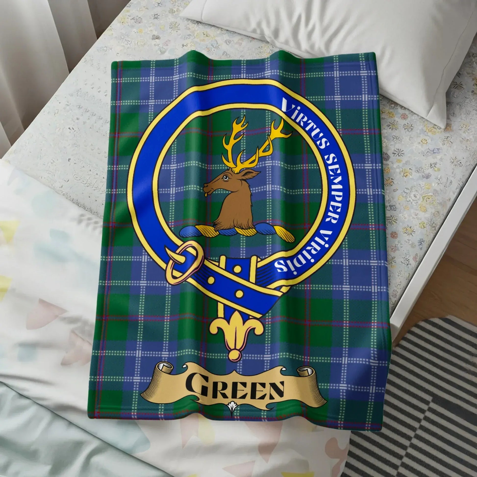 Green Tartan Blanket with Family Crest Design product