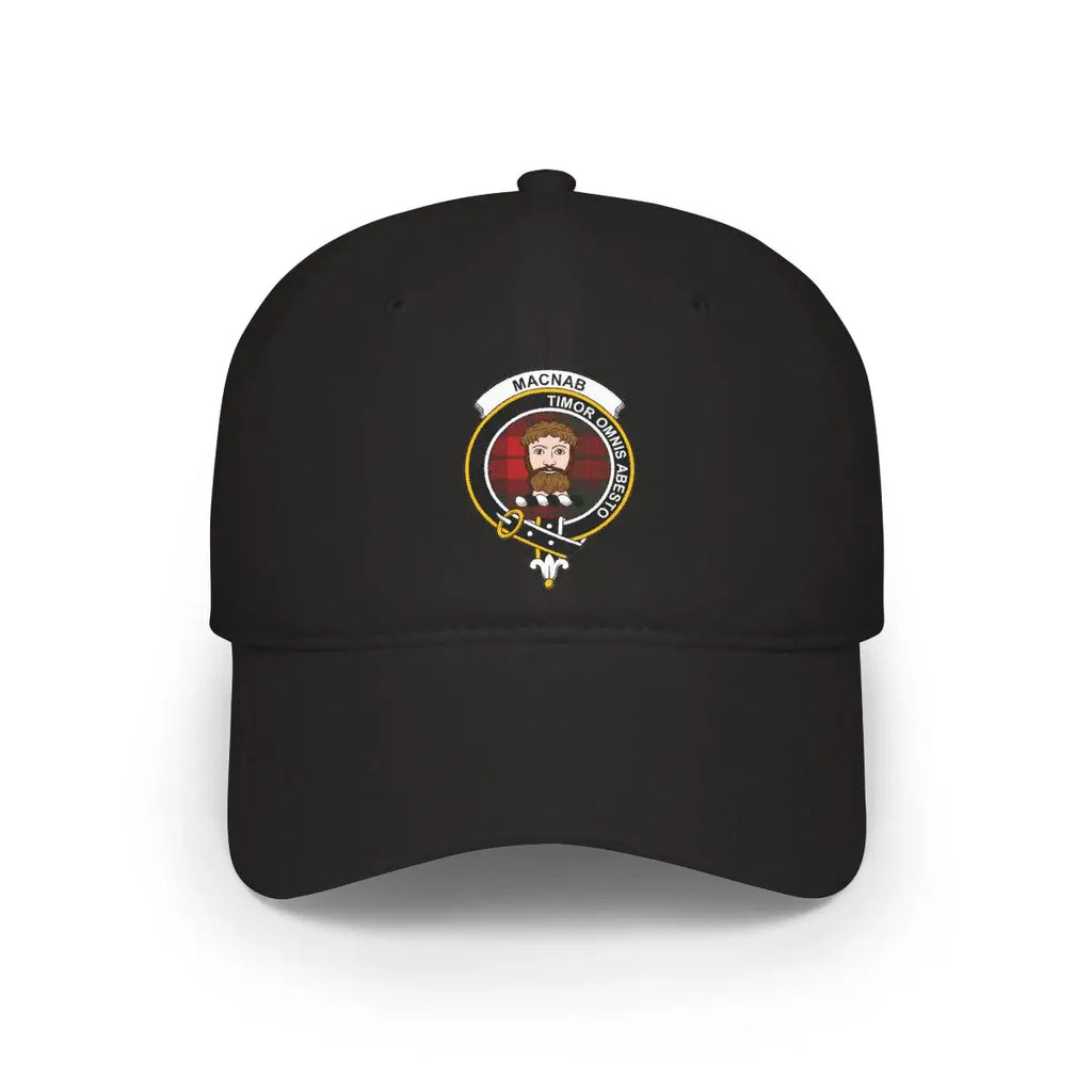 MacNab Timor Omnis Abesto black cap with crest print — front panel design detail