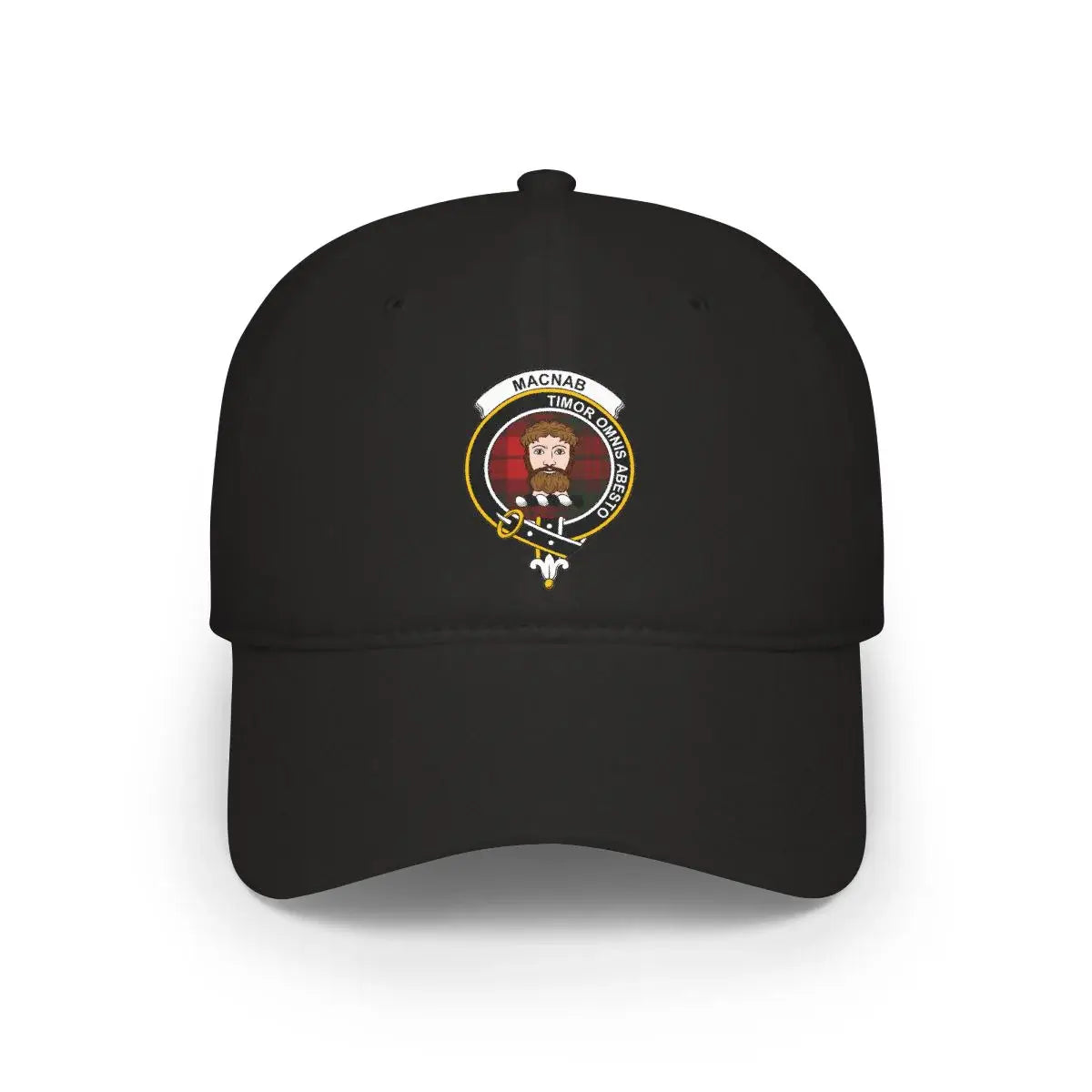 MacNab Timor Omnis Abesto black cap with crest print — front panel design detail