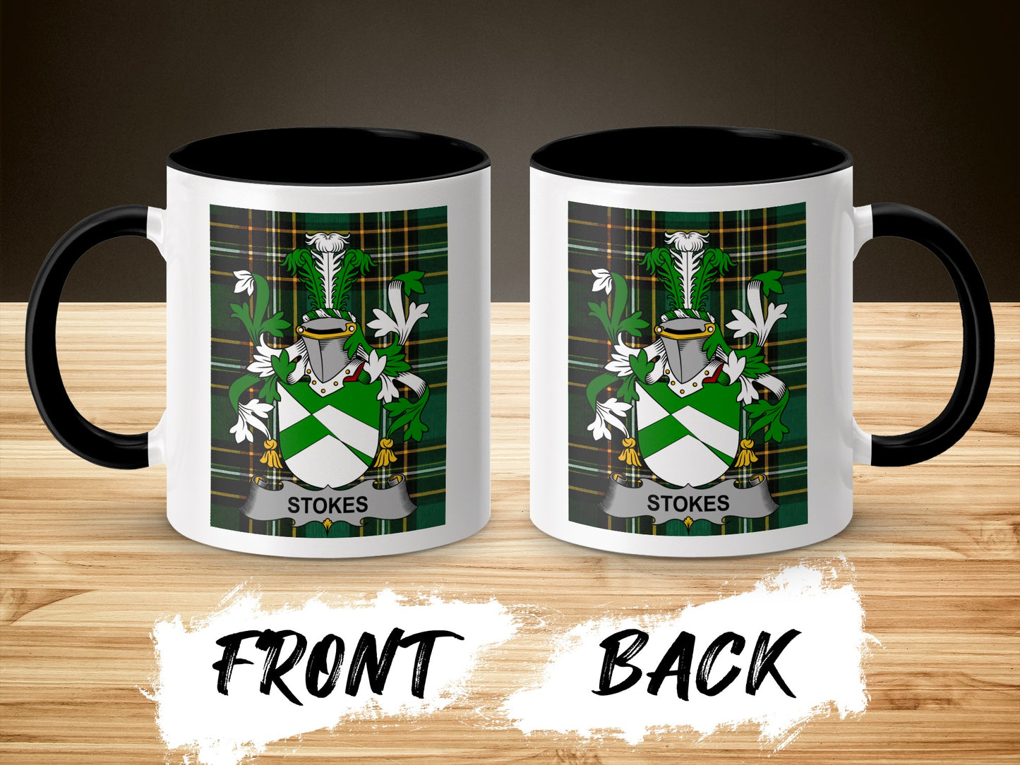 Mug with "STOKES" coat of arms on front and back.