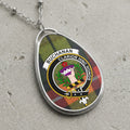 Buchanan clan Scottish tartan necklace with clan crest on tartan background