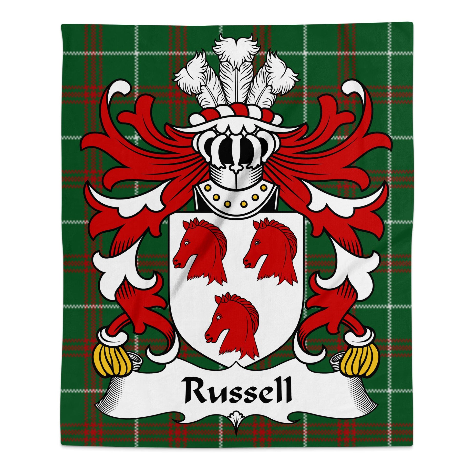 Russell Coat of Arms on Welsh Tartan Background Blanket - Living Stone Gifts