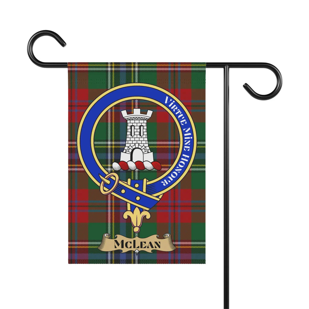 Clan Maclean tartan flag with castle emblem and "MCLEAN" banner.