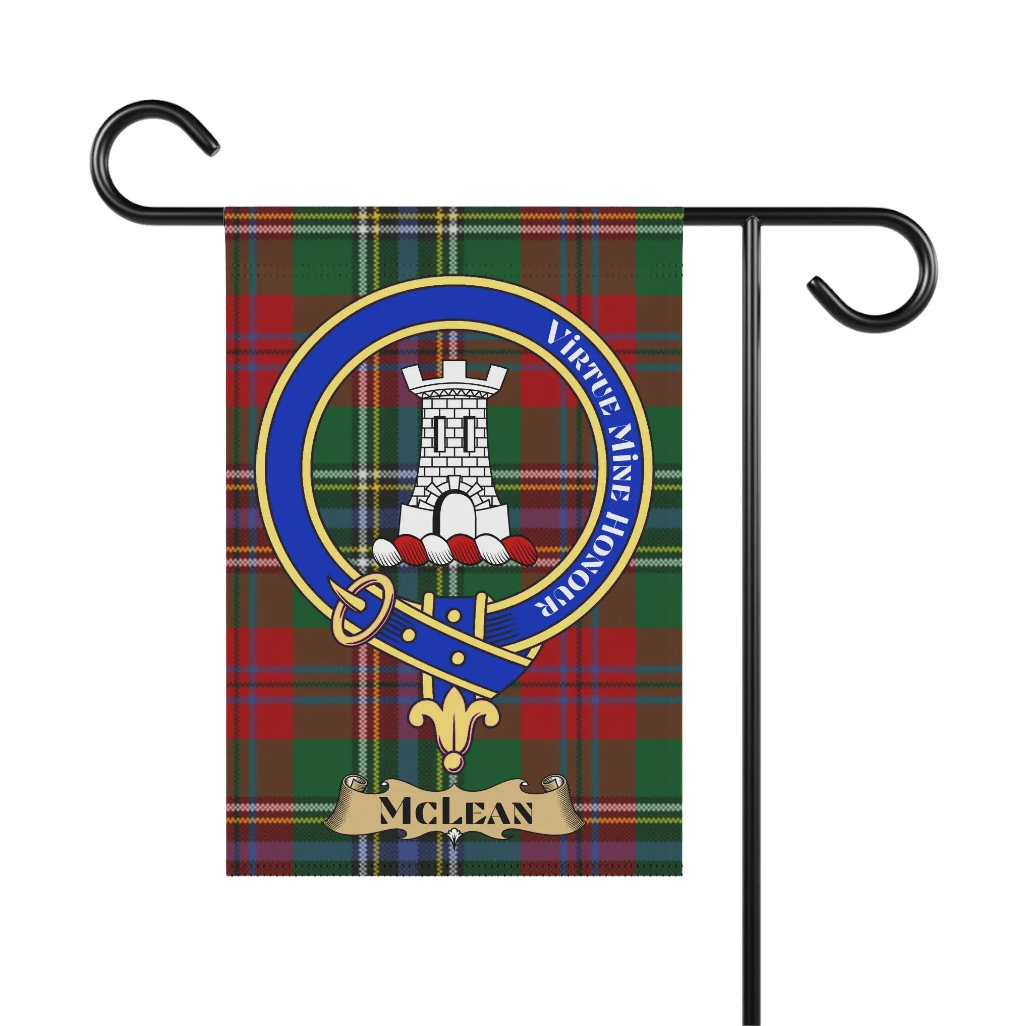 Clan Maclean tartan flag with castle emblem and "MCLEAN" banner.