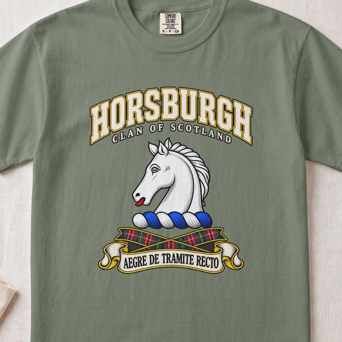 Horsburgh Scottish clan T-shirt in Moss, front view with a white horse head and motto design.