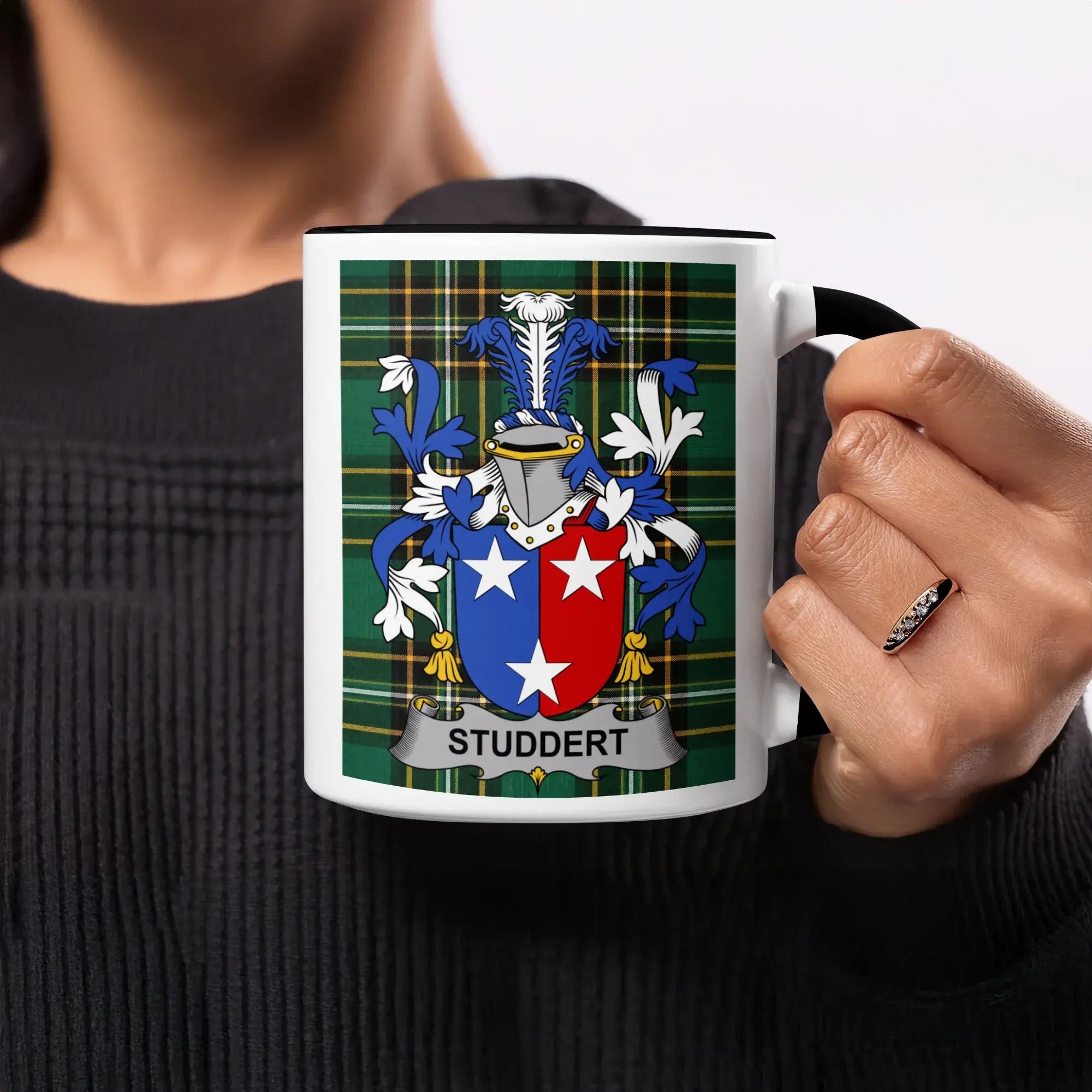 Studdert black accent mug with Irish National Tartan crest design