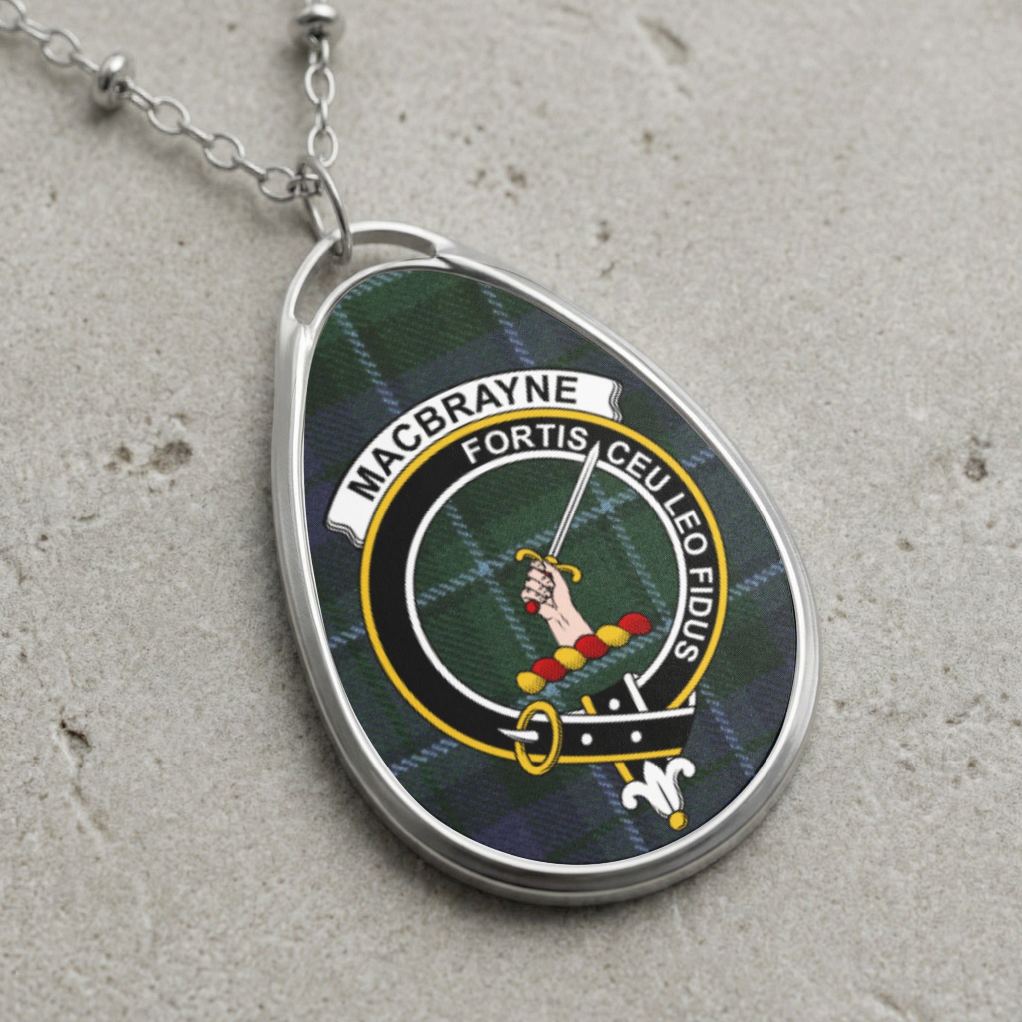 Tartan pendant necklace with MacBrayne crest and motto "Fortisceu Leo Fidus".