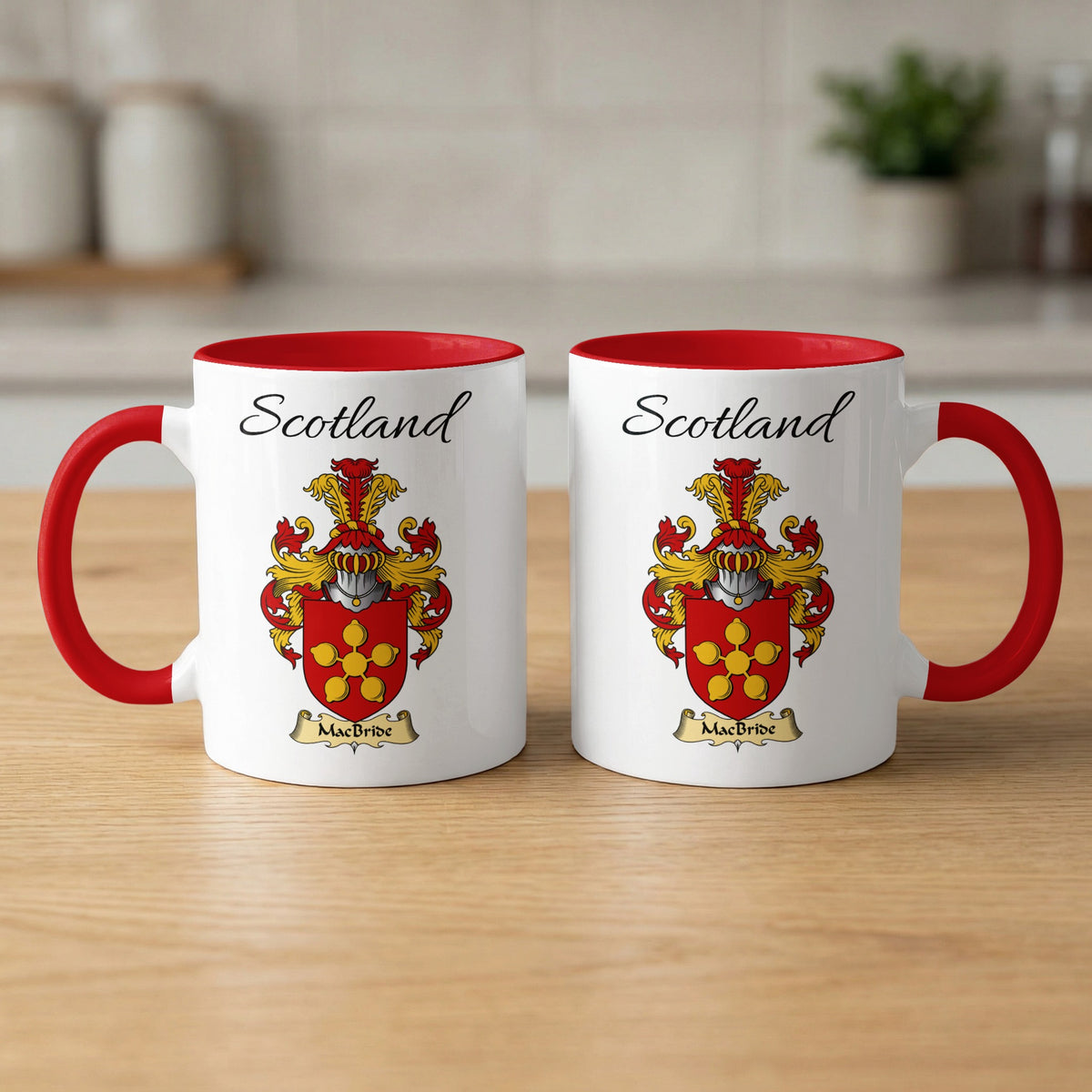 Red-accent MacBride Scottish family crest mugs with Scotland above the heraldic shield