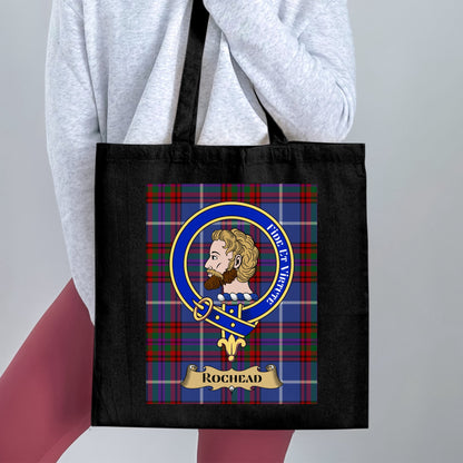 Scottish Clan Crest on Tartan Background Rochead Tote Bag - Living Stone Gifts