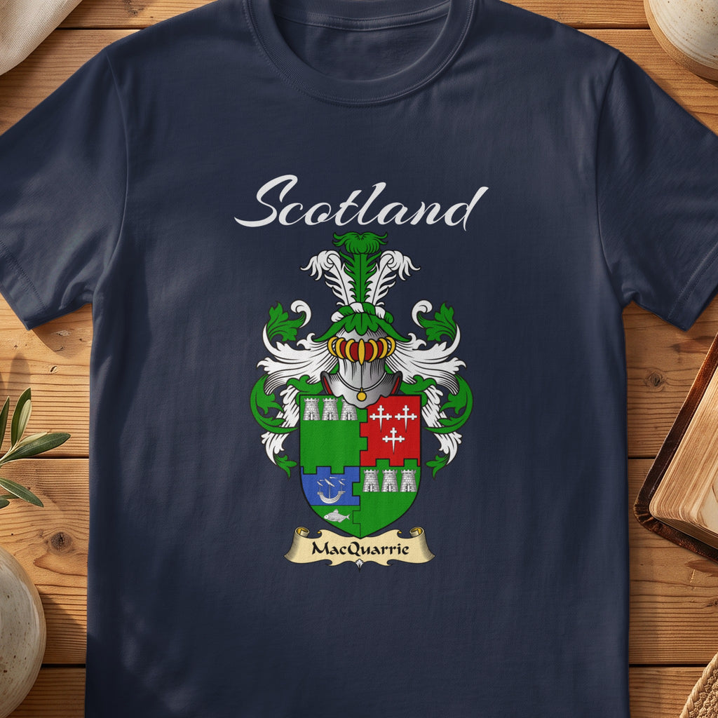 Navy MacQuarrie family shield T-shirt featuring a green shield with contrasting coloured quarters