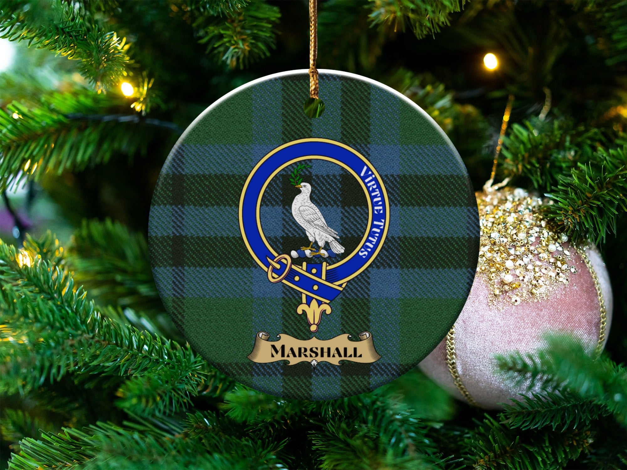 Marshall clan crest tartan ceramic ornament on a Christmas tree