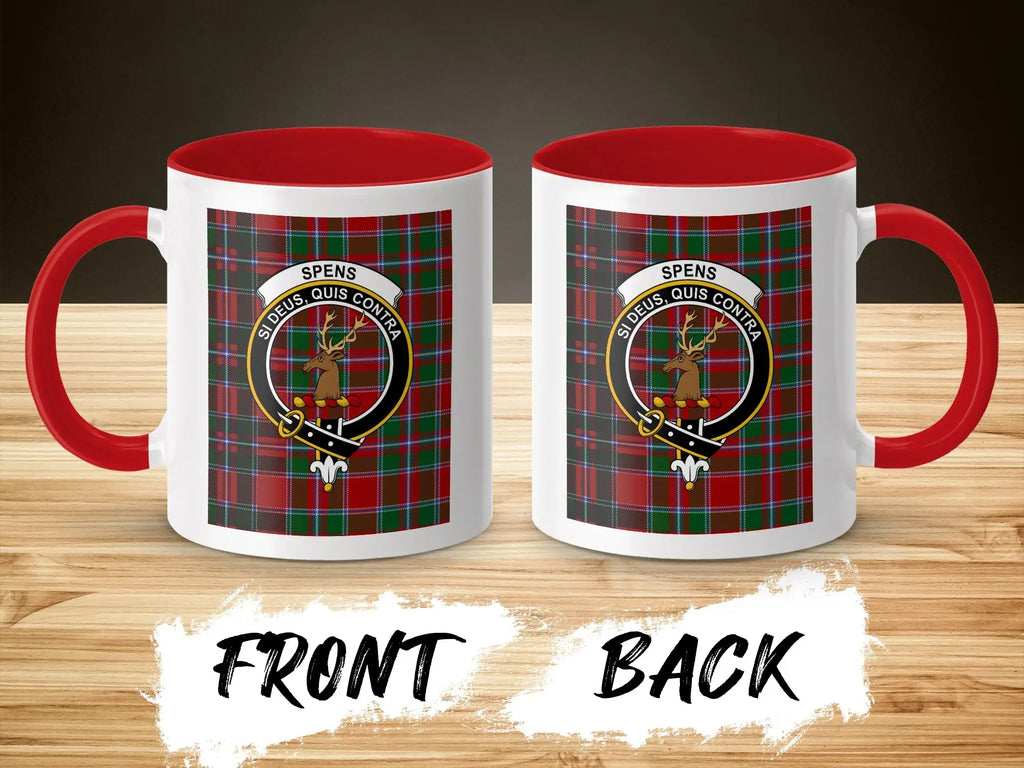 Clan Spens si deus quis contra tartan crest mug — red handle, 11oz ceramic