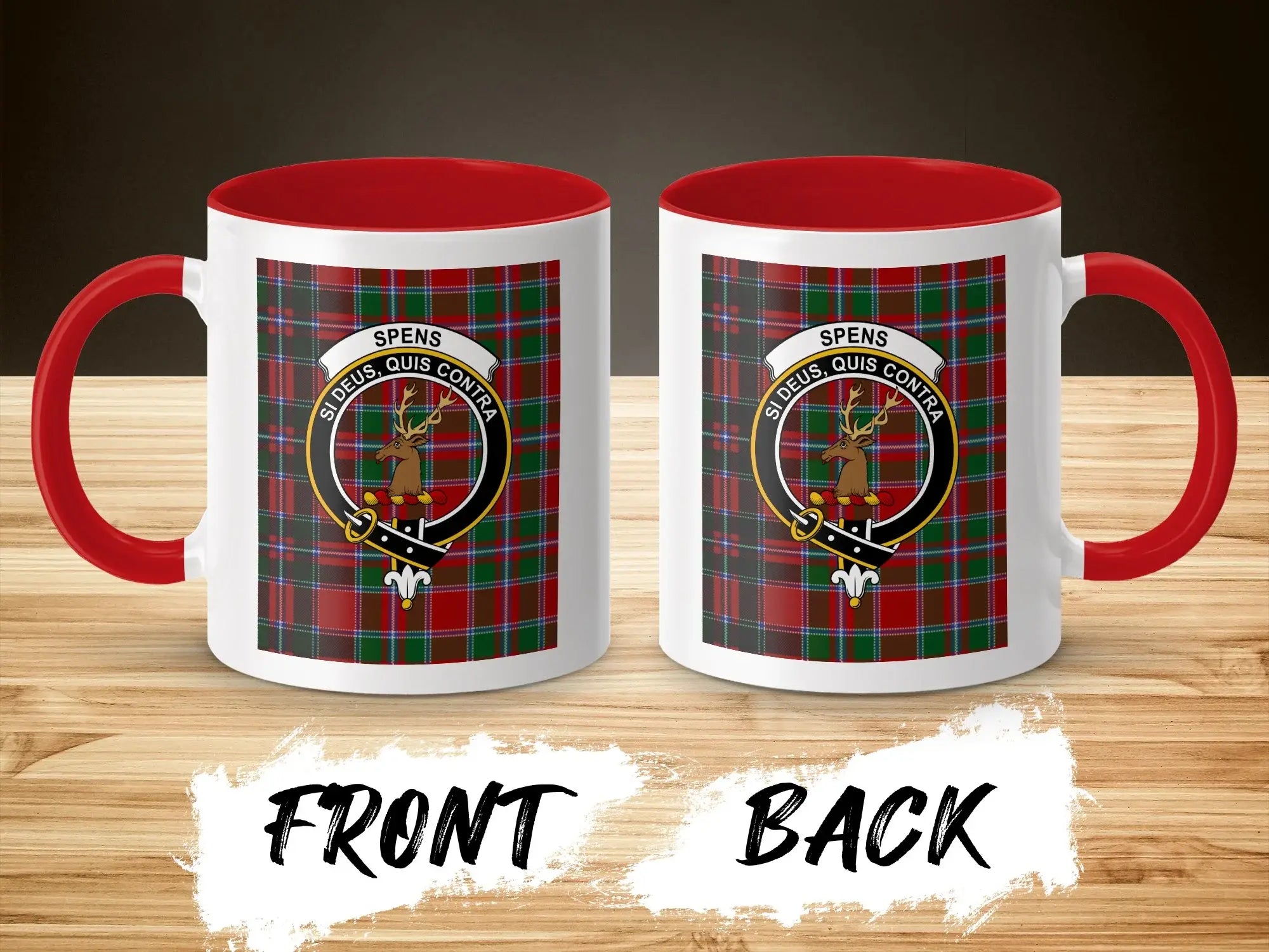 Clan Spens si deus quis contra tartan crest mug — red handle, 11oz ceramic