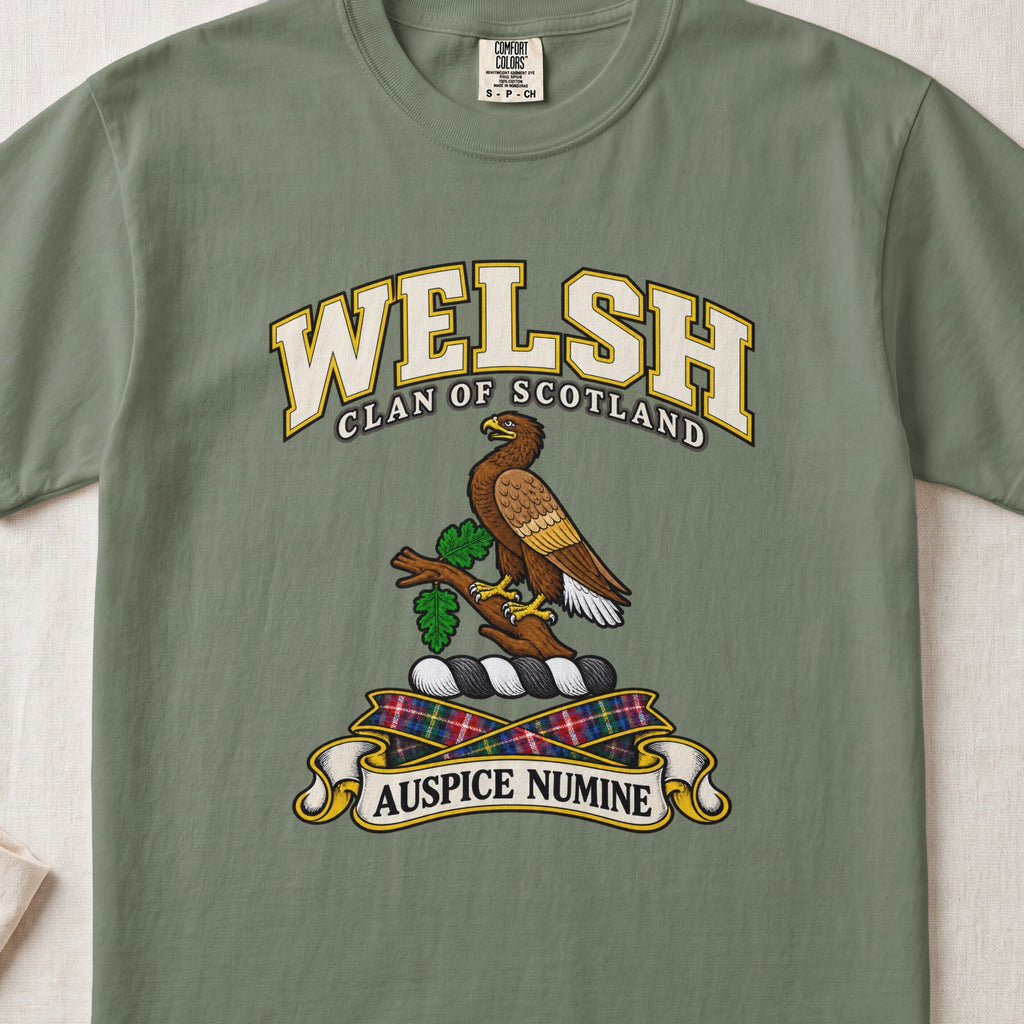 Welsh Scottish clan T-shirt in Moss, front view with a brown eagle perched on a leafy branch and motto banner.