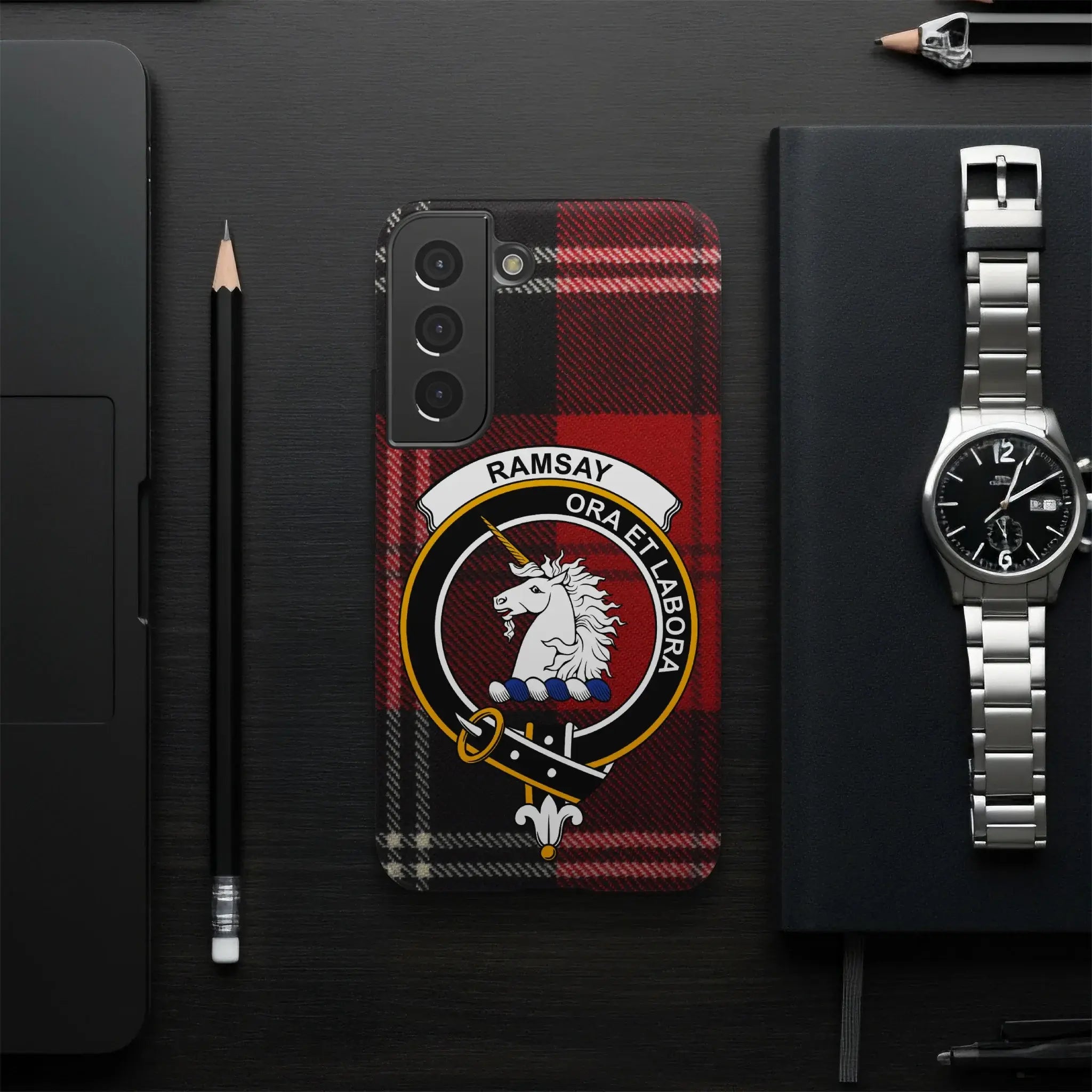 Ramsay ora et labora shield crest phone case — red and black tartan, Samsung variant
