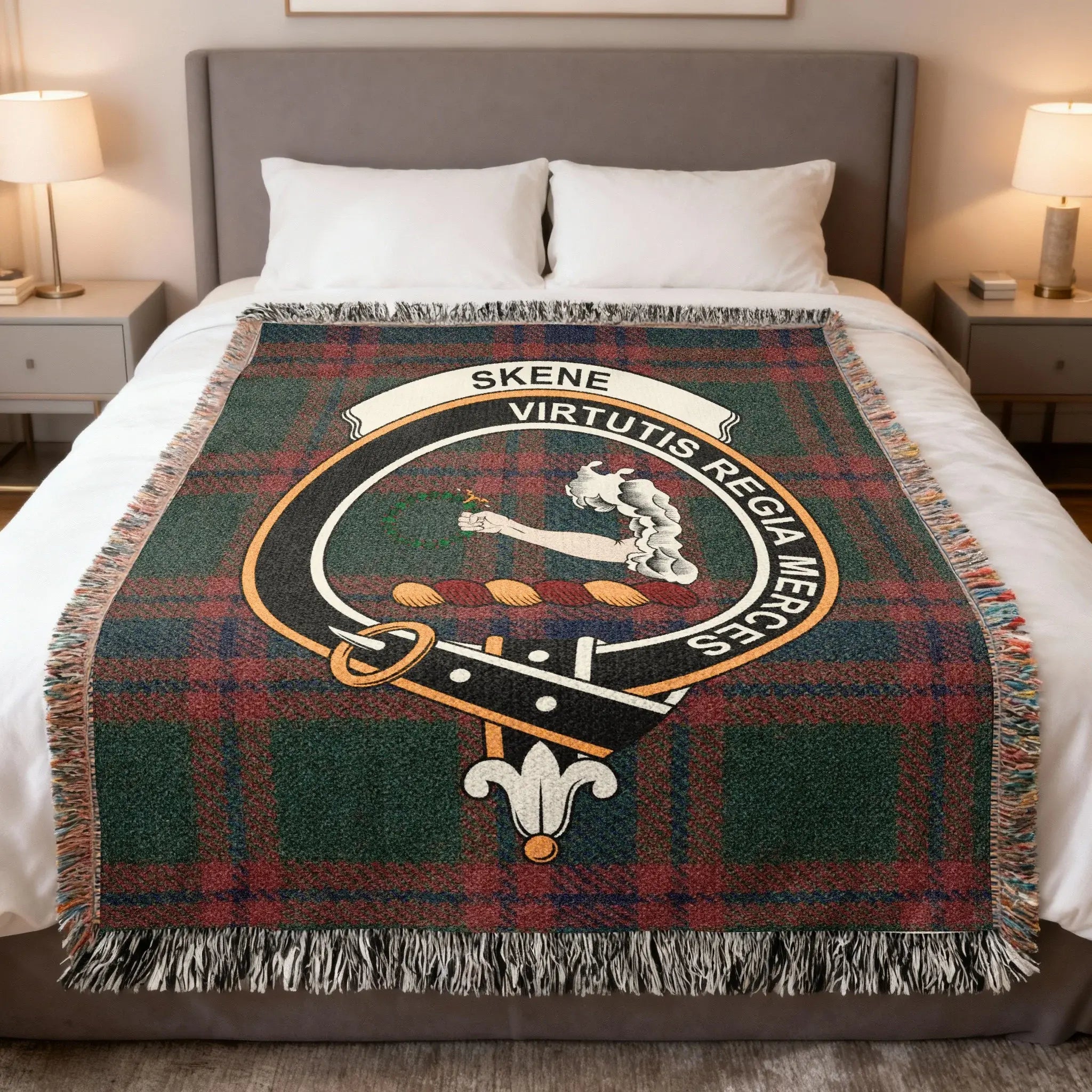 Clan Skene tartan woven blanket — 100% cotton with virtutis regia merces crest and plaid detail