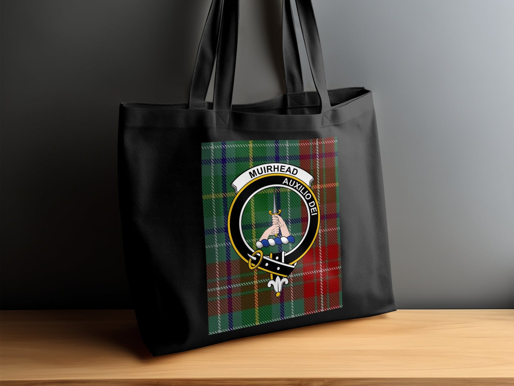 Scottish Clan Crest on Tartan Background Tote Bag - Living Stone Gifts