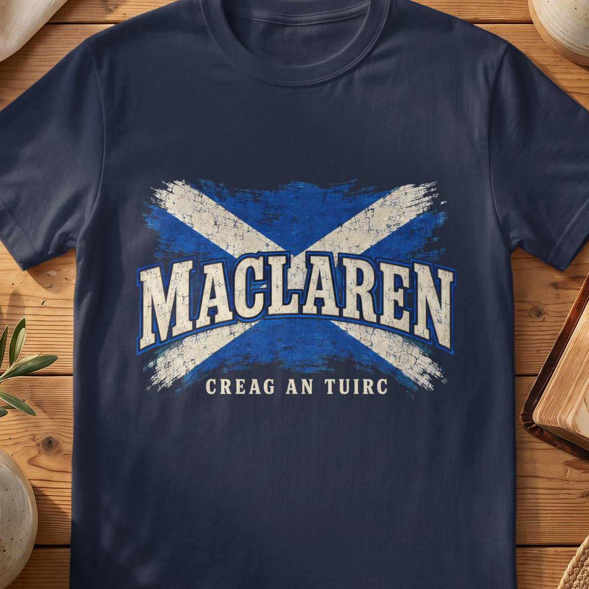 MacLaren Scottish Saltire T-shirt in Navy, with distressed blue and cream flag and “Creag an Tuirc” lettering.