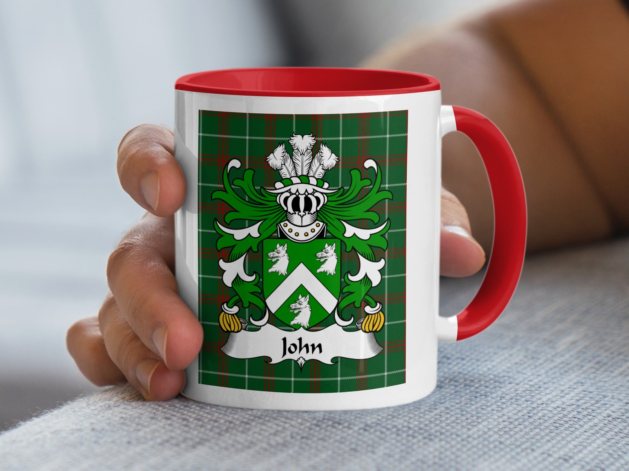 John Welsh family crest mug on Welsh National Tartan