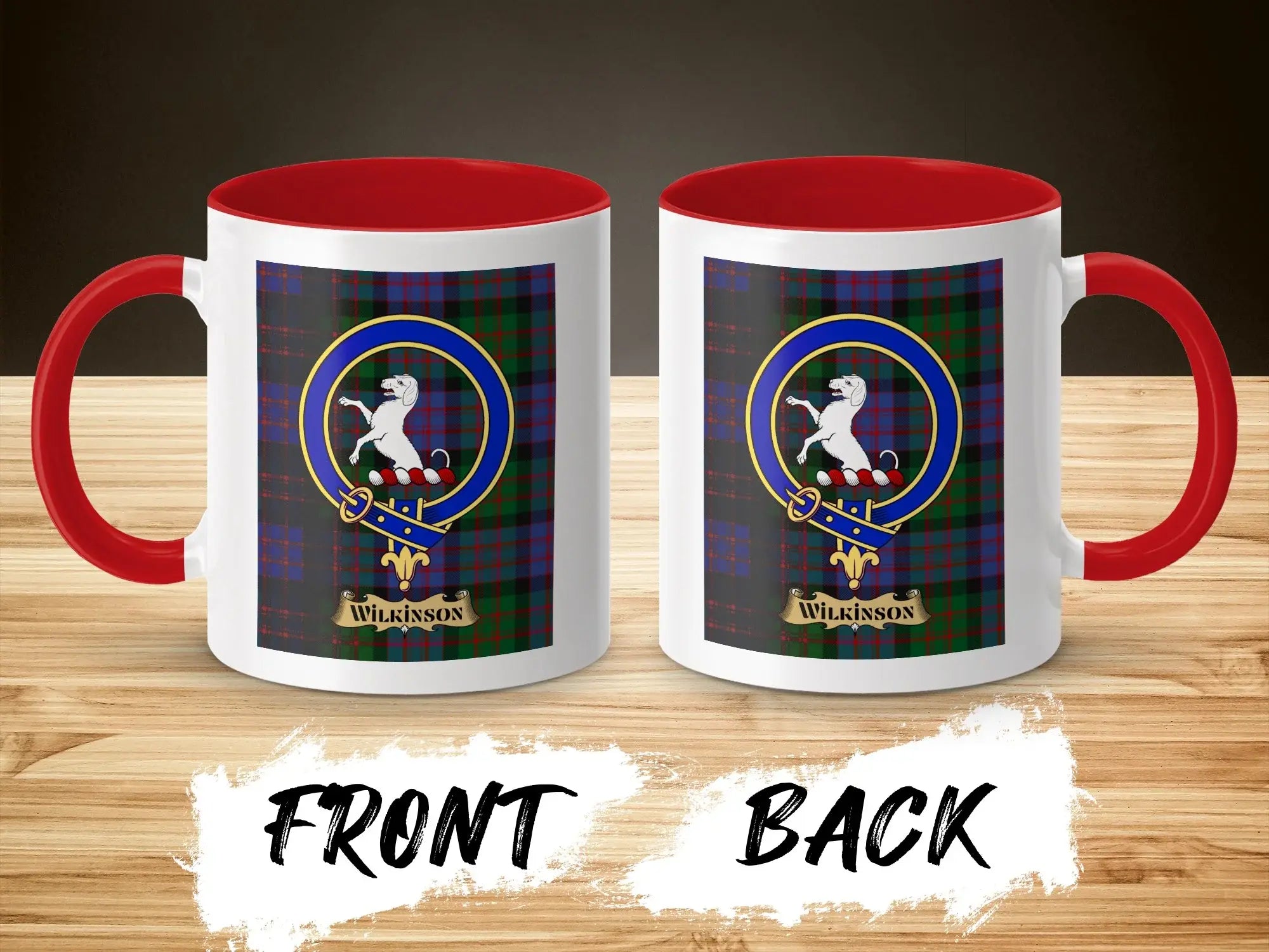 Wilkinson tartan-background crest mug shown as a Scottish heritage gift