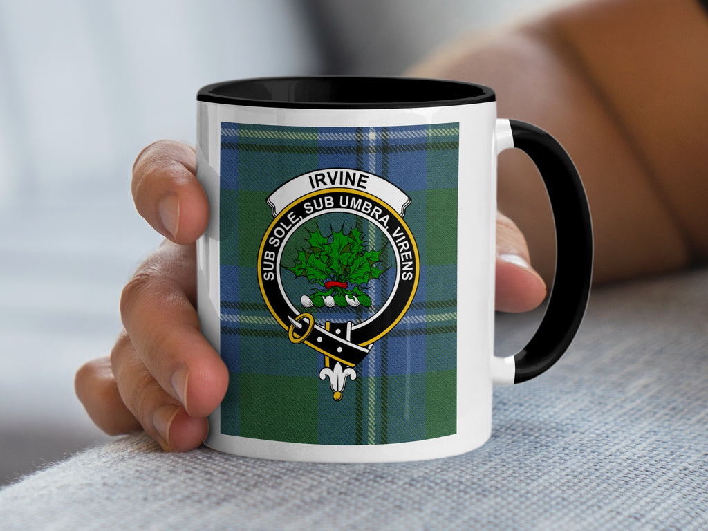 Irvine Scottish clan crest artwork on an 11 oz black accent mug with a tartan background