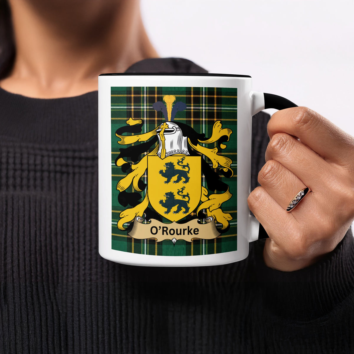O'Rourke Irish family crest mug on Irish National Tartan background