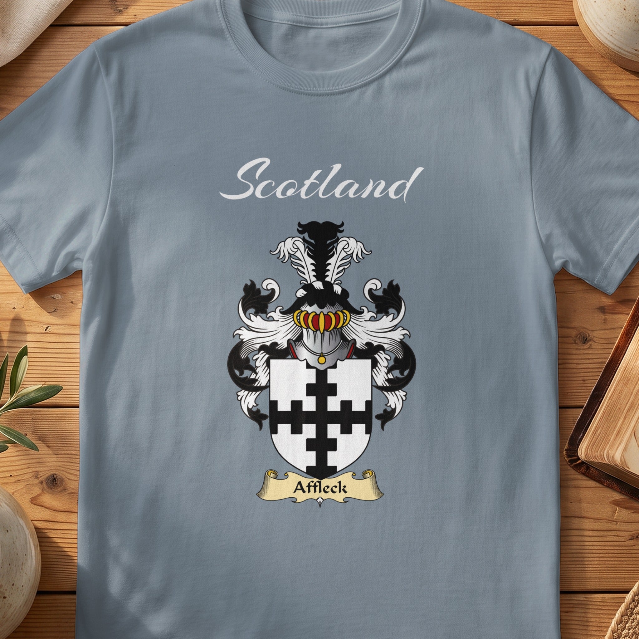 Affleck Scottish family shield T-shirt in Stone Blue