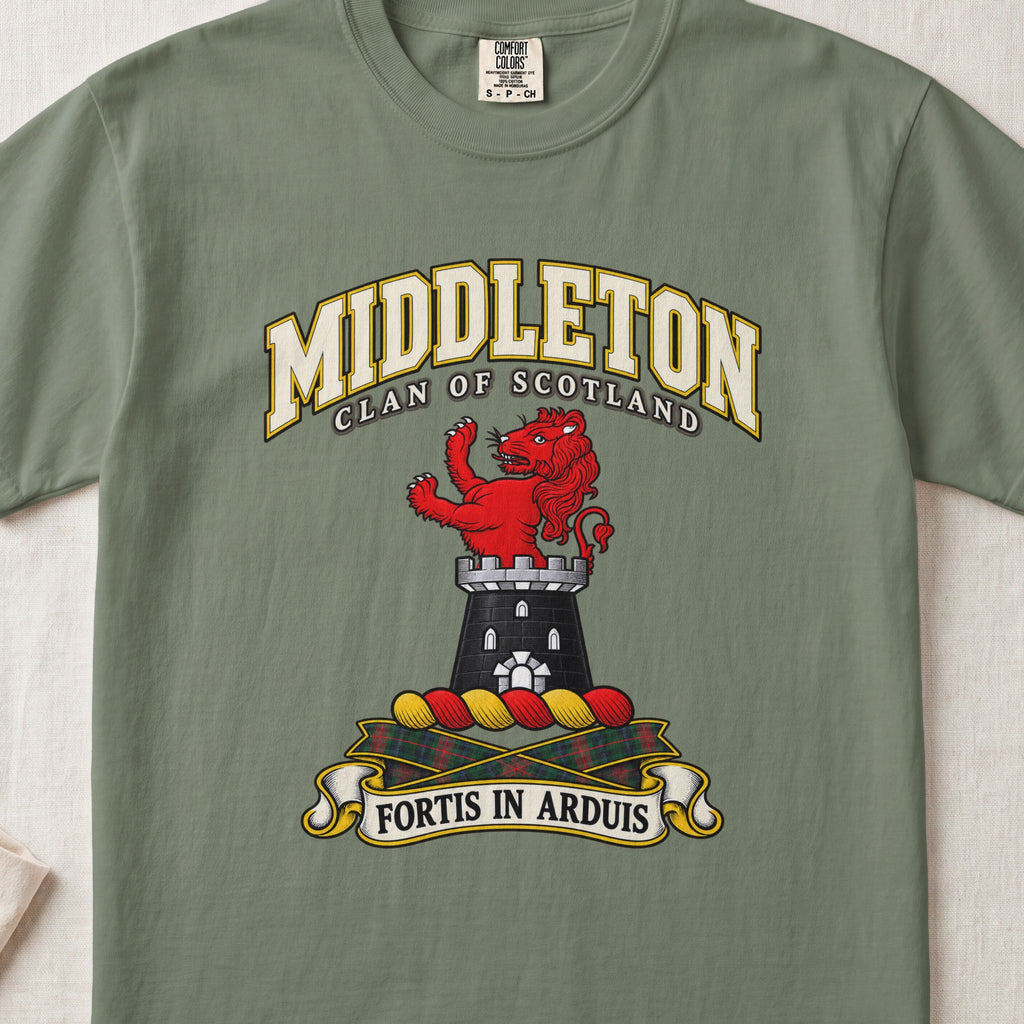 Middleton Scottish clan T-shirt in Moss, front view with a red lion rising above a gray tower and motto banner.