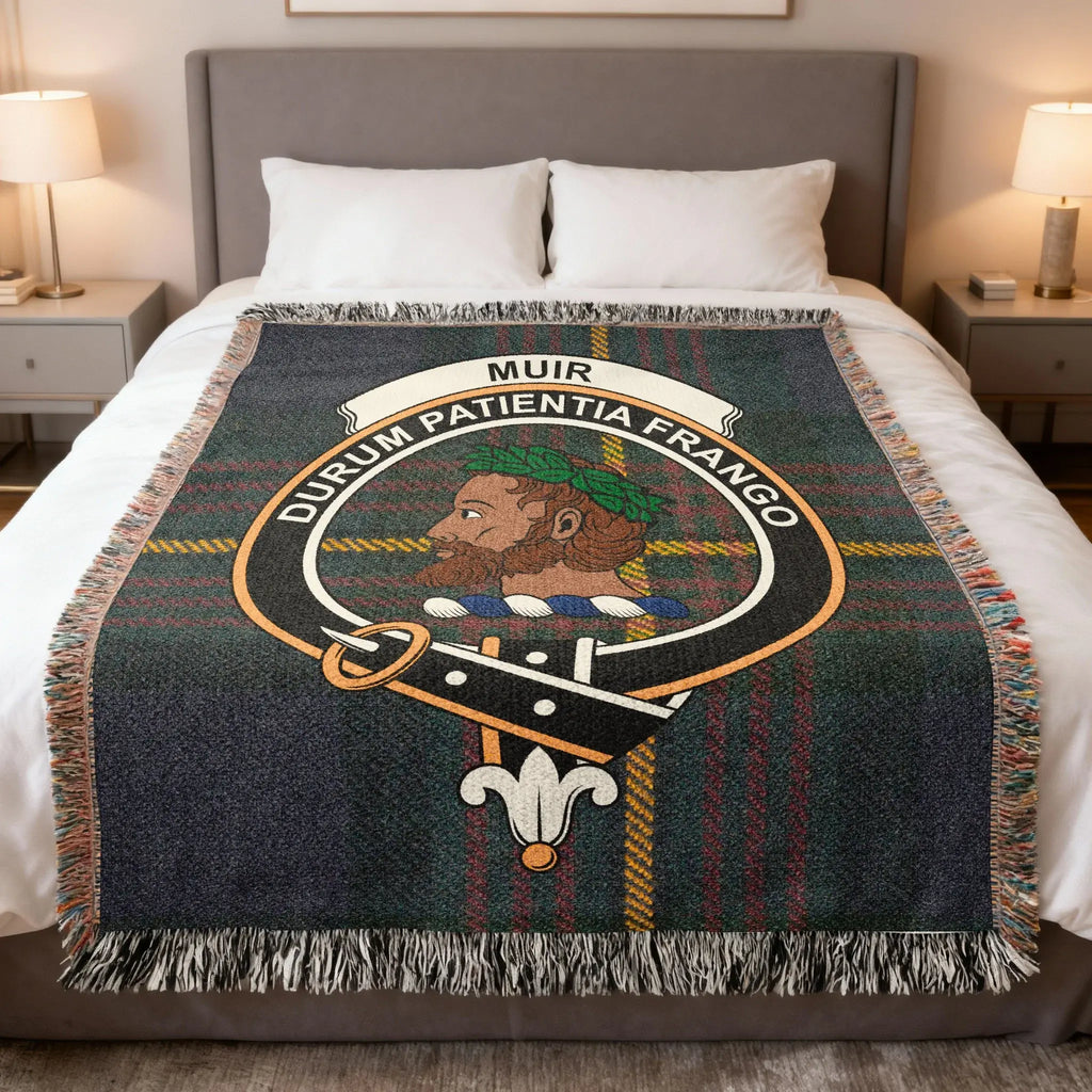 Clan Muir Durum Patientia Frango tartan woven blanket — clan colours in 100% cotton heirloom throw