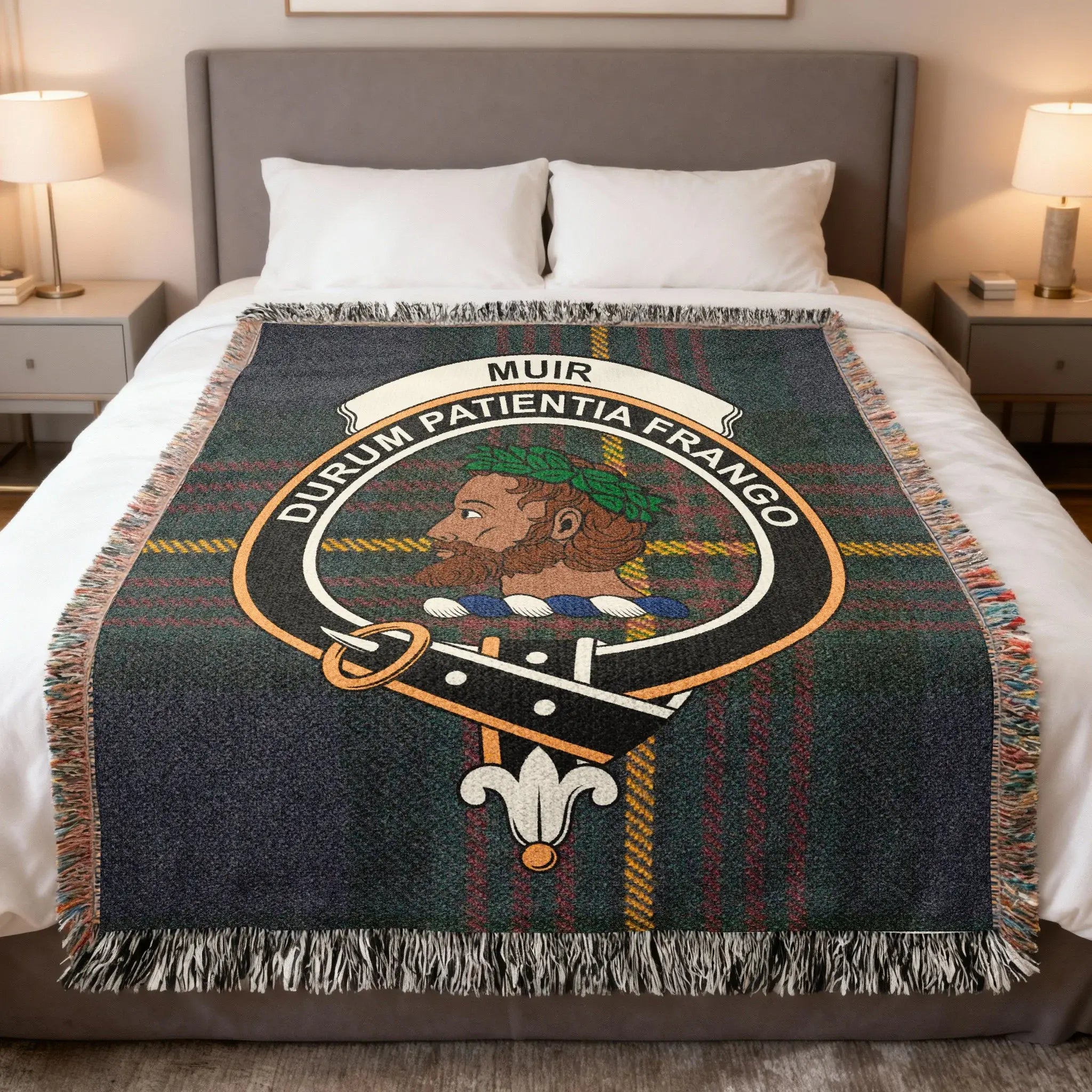 Clan Muir Durum Patientia Frango tartan woven blanket — clan colours in 100% cotton heirloom throw