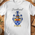 White Dickson Scottish family shield T-shirt featuring white stars on blue beneath a striped top band