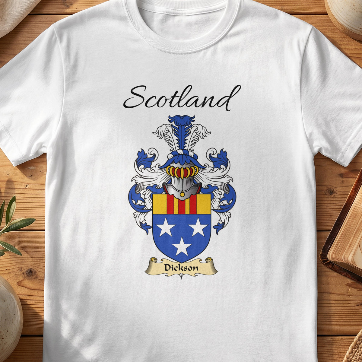 White Dickson Scottish family shield T-shirt featuring white stars on blue beneath a striped top band