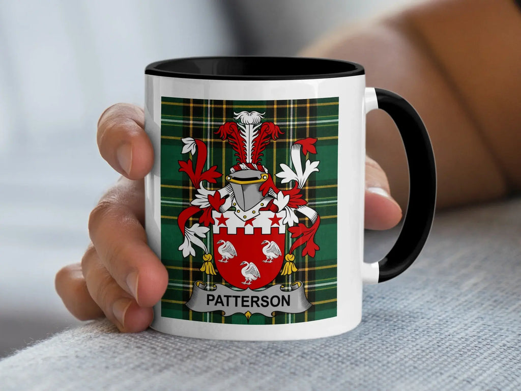 Patterson Irish family crest black accent mug with Irish National Tartan