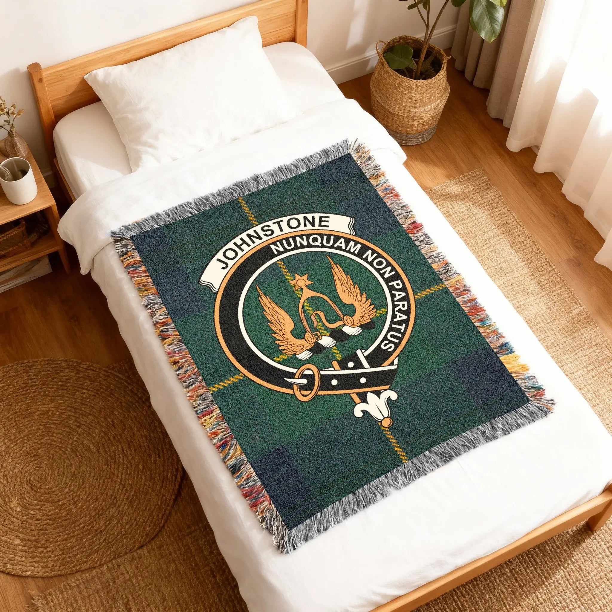 Johnstone Nunquam Non Paratus decorative woven blanket — clan crest, fringe edges