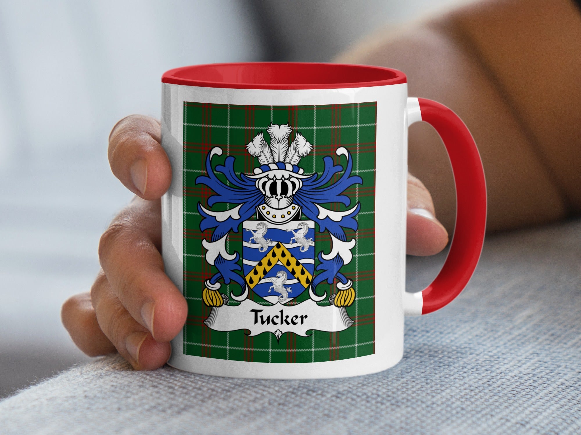 Tucker Welsh family crest mug on Welsh National Tartan