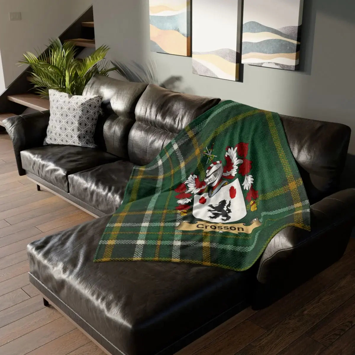 Personalized Family Crest Green Plaid Blanket product
