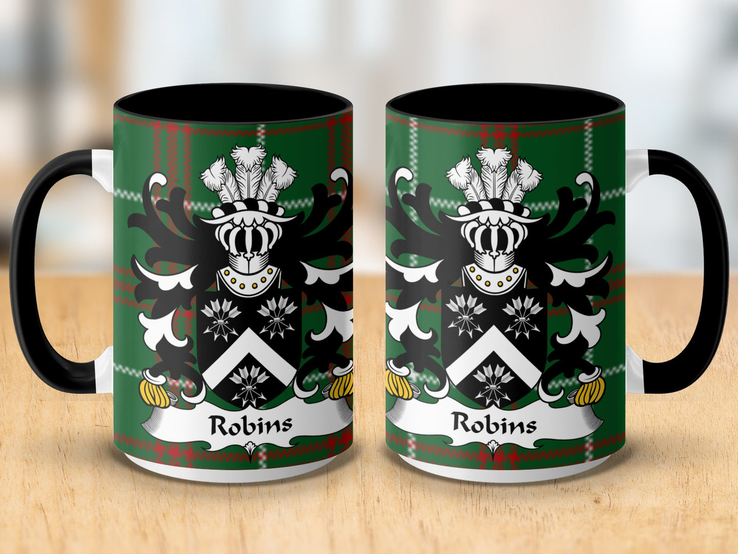 Robins Coat of Arms on Welsh Tartan Design Mug - Living Stone Gifts