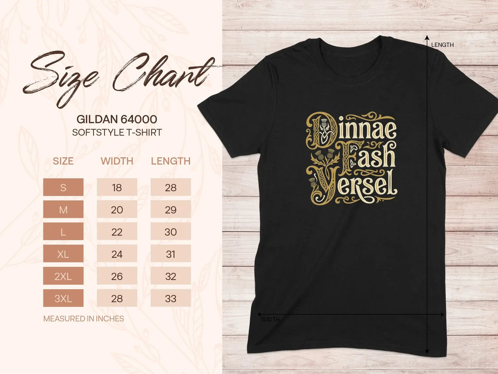 Gildan 64000 softstyle t-shirt size chart with measurements.