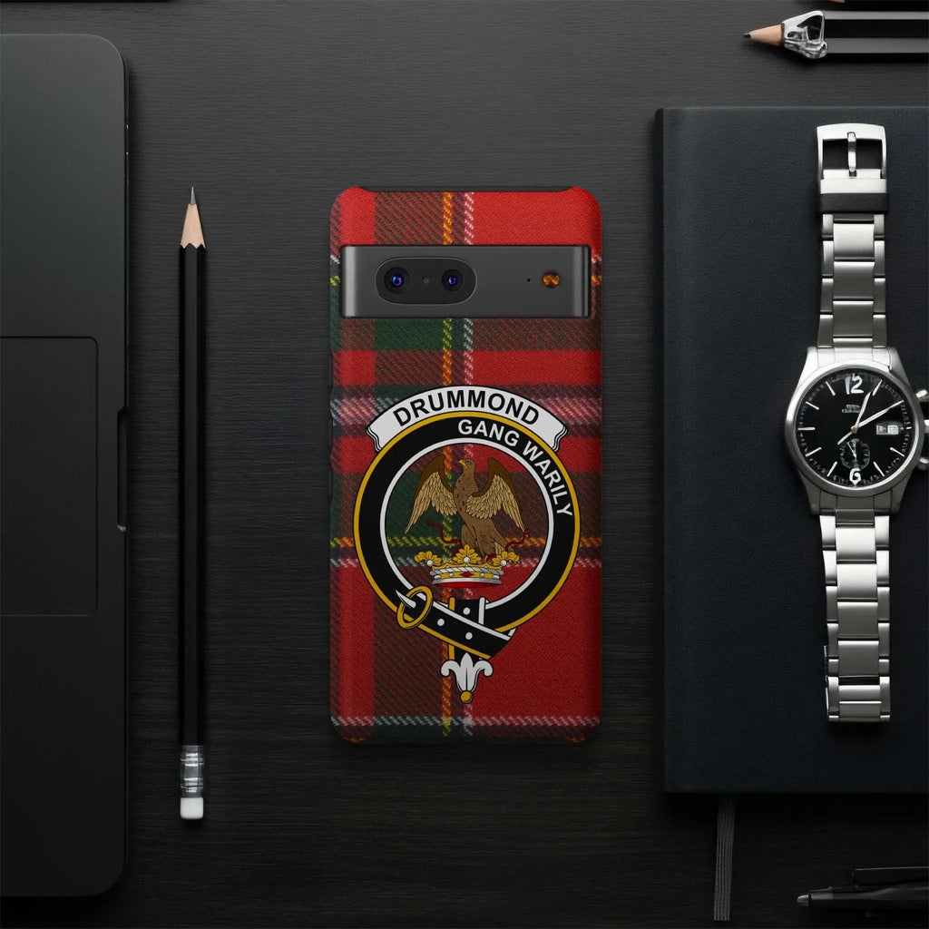 Drummond clan crest tartan phone case flat lay — full Gang Warily eagle design visible