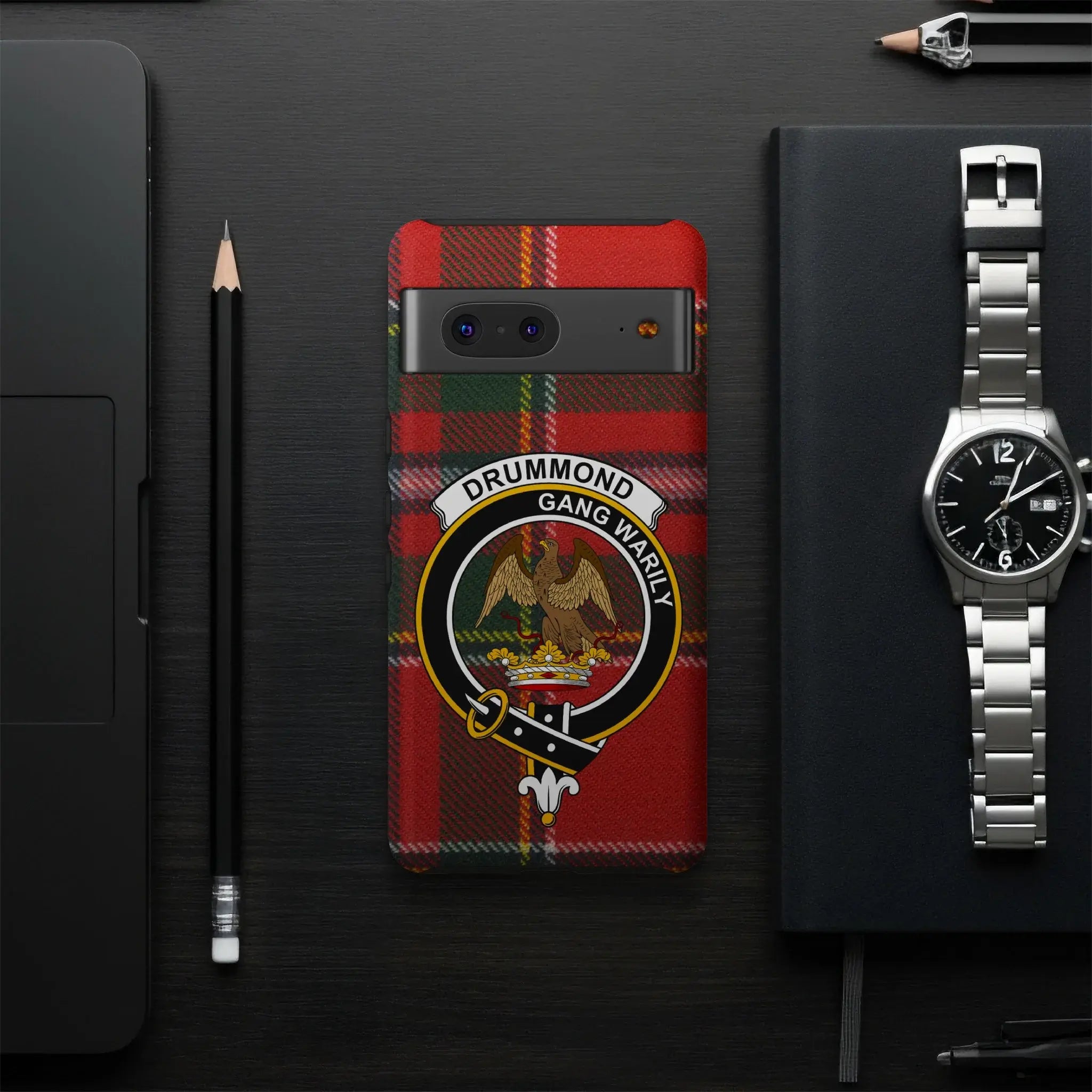 Drummond clan crest tartan phone case flat lay — full Gang Warily eagle design visible