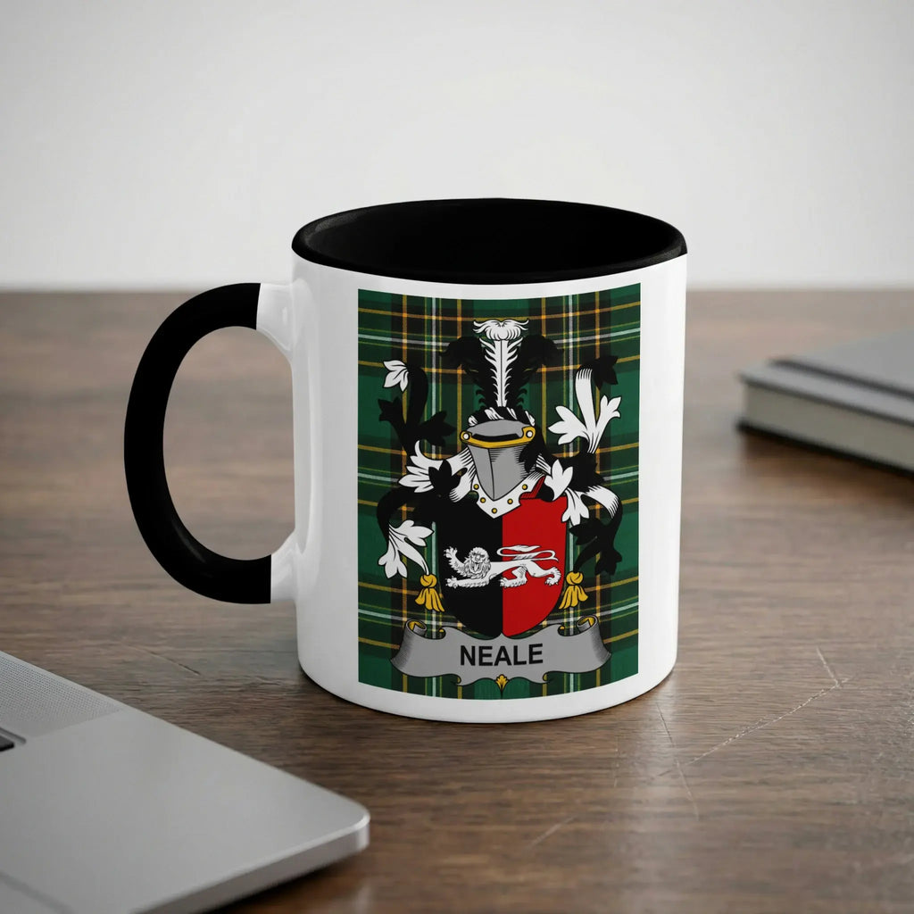 Neale black accent mug with family crest on tartan background
