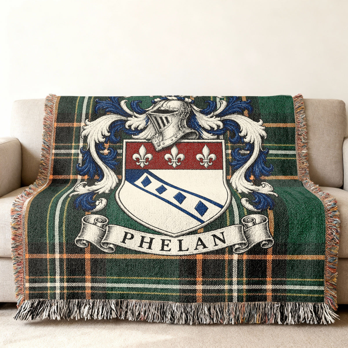 Phelan family crest on Irish National Tartan woven blanket, detailed heritage design