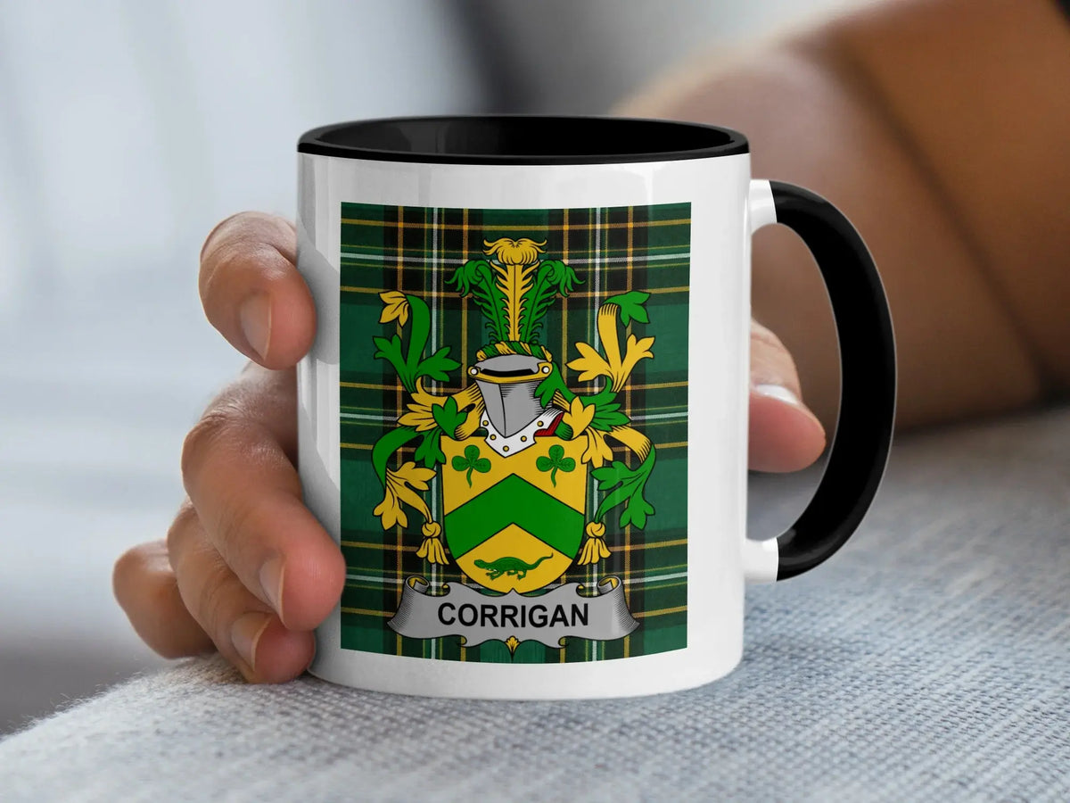 Corrigan Irish surname mug with family crest on an Irish National Tartan background.