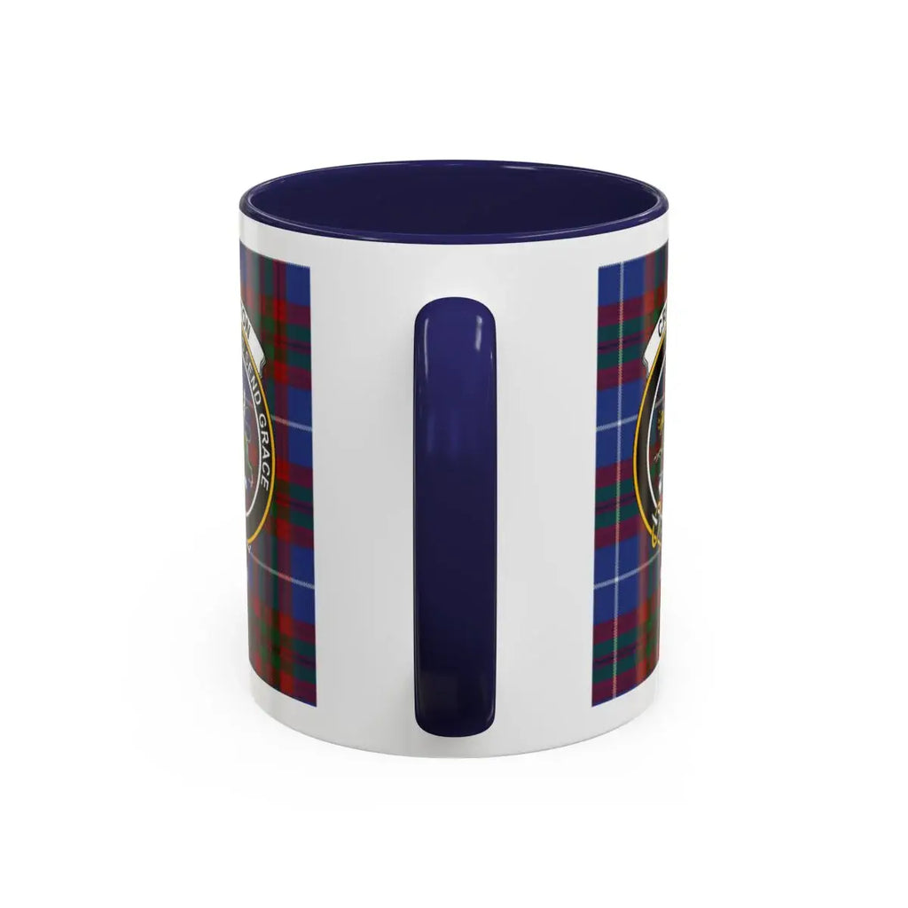 Crichton clan mug lifestyle shot — 15oz ceramic with red handle, morning coffee setting