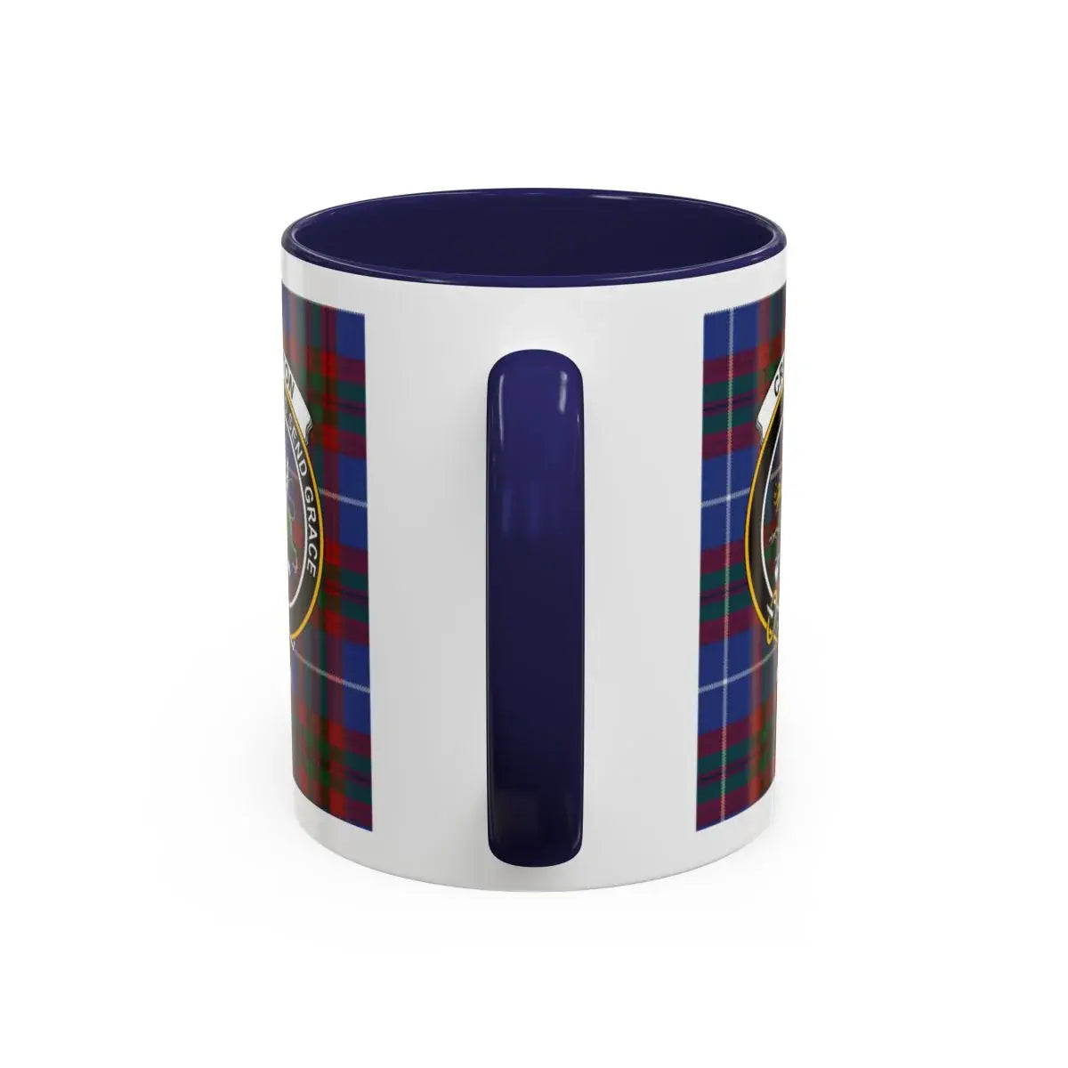 Crichton clan mug lifestyle shot — 15oz ceramic with red handle, morning coffee setting