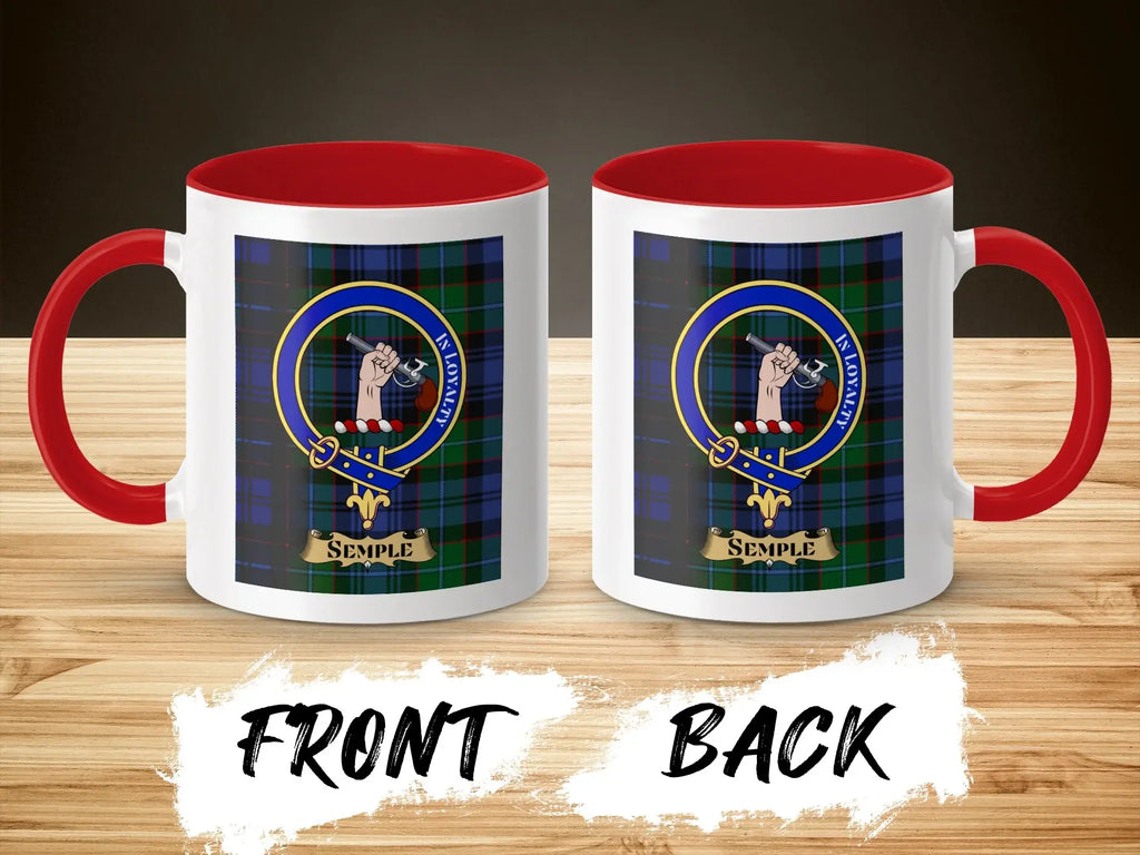 Semple tartan-background crest mug shown as a Scottish heritage gift