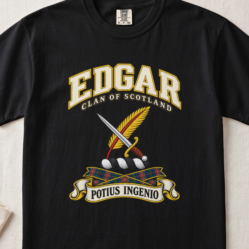 Edgar Scottish clan T-shirt in Black, front view with a dagger crossed with a gold feather and motto banner.