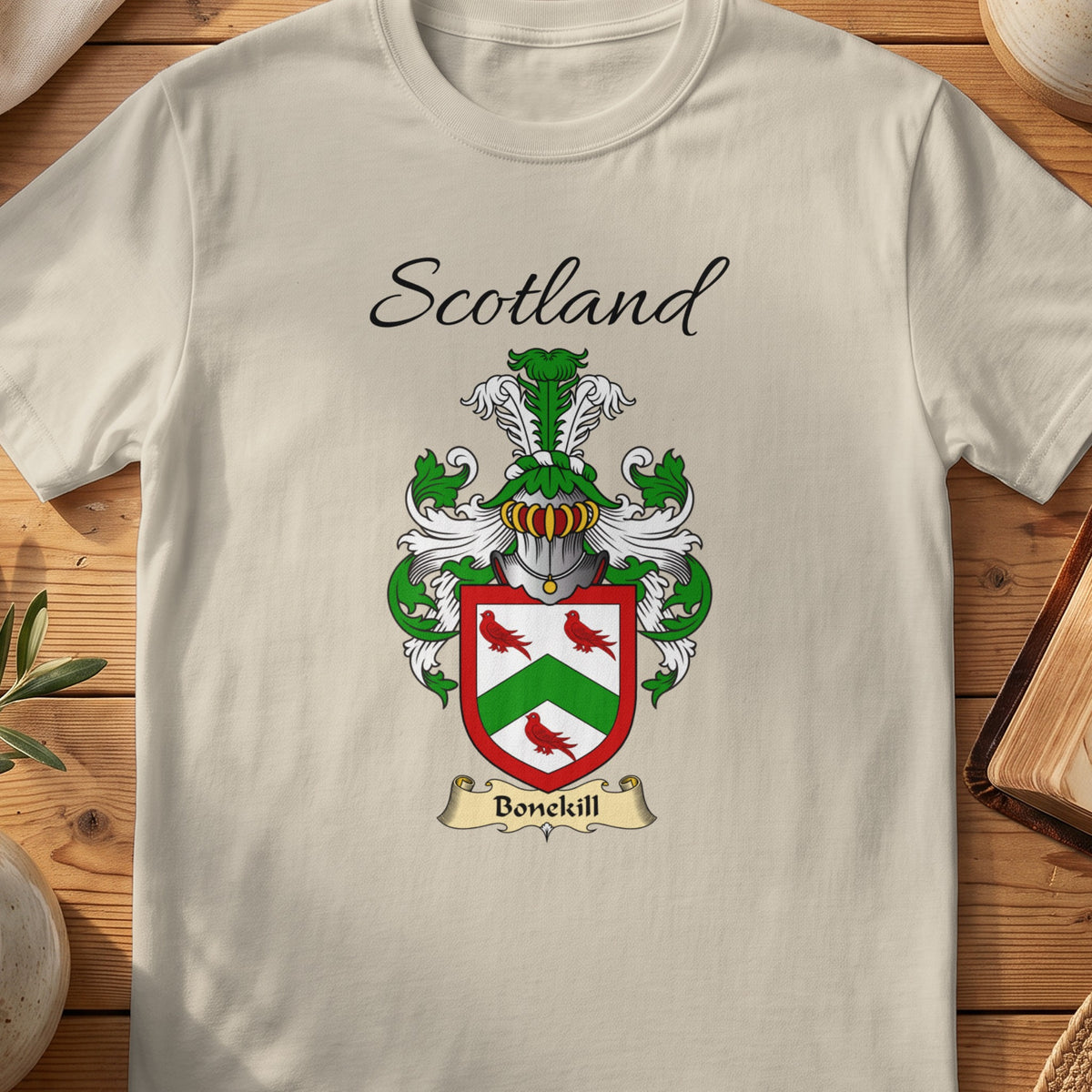 Sand Bonekill Scottish family shield T-shirt featuring a green chevron between red birds