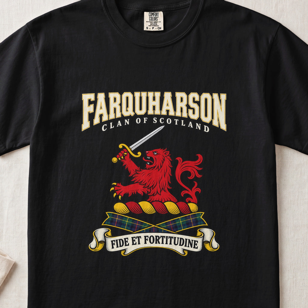 Farquharson Scottish clan graphic T-shirt in Black, front view